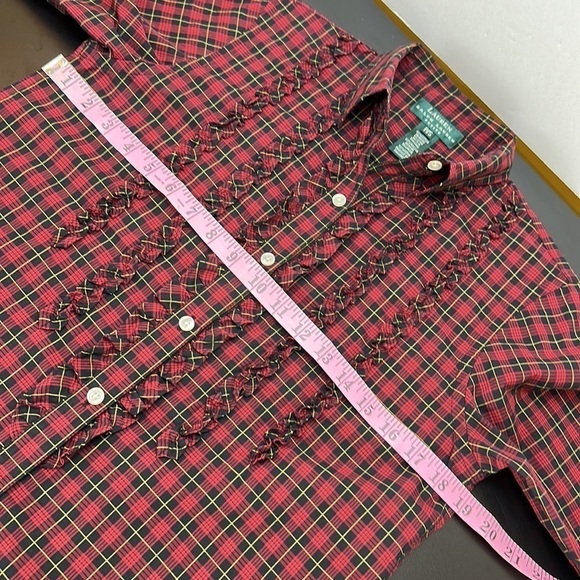 Lauren Ralph Lauren Red Black Plaid Button Front Ruffle Shirt Sz PS 90’s Vtg - Picture 8 of 12